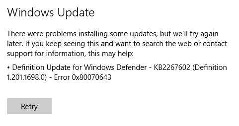 修复 Windows Defender 更新失败并出现错误 0x80070643