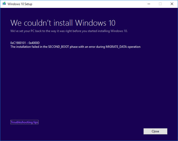 修復Windows 10的安裝失敗，錯誤C1900101-4000D