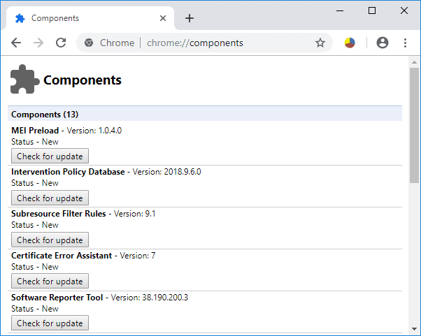 使用 Chrome 组件更新各个组件